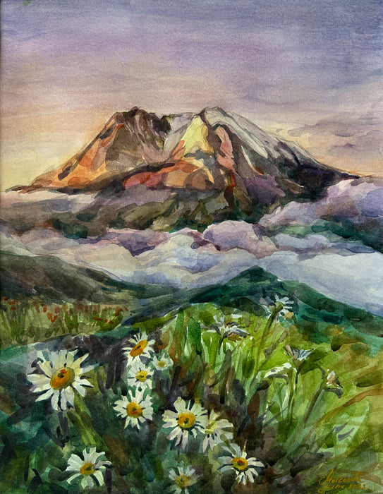 Hand-Painted Watercolor Landscape "Sun-Kissed Peaks" – Mount St. Helens, Washington State