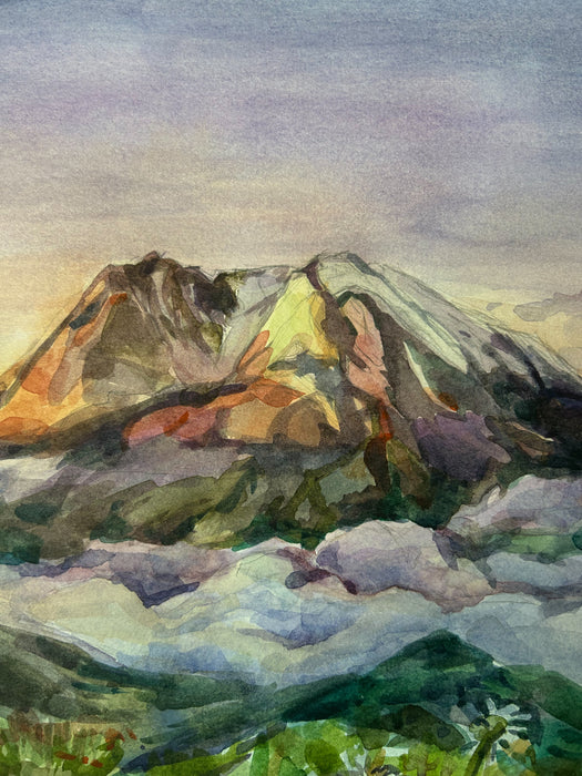 Hand-Painted Watercolor Landscape "Sun-Kissed Peaks" – Mount St. Helens, Washington State