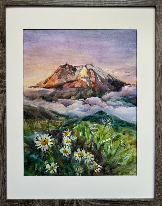 Hand-Painted Watercolor Landscape "Sun-Kissed Peaks" – Mount St. Helens, Washington State