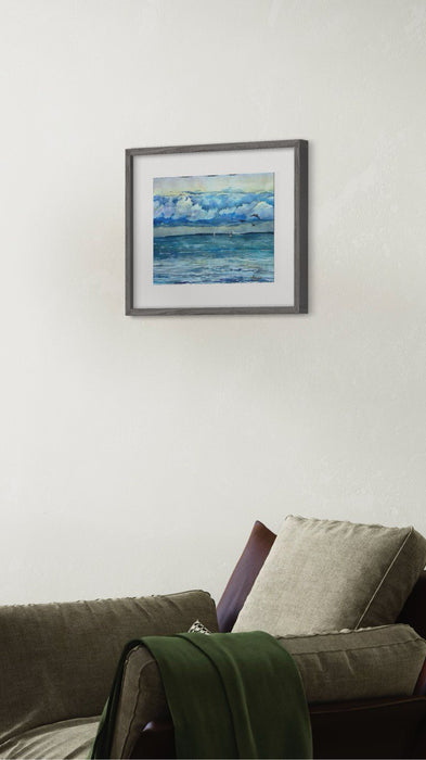 Framed Watercolor Ocean Sunset - Serene Seascape with Dramatic Clouds (20x16)