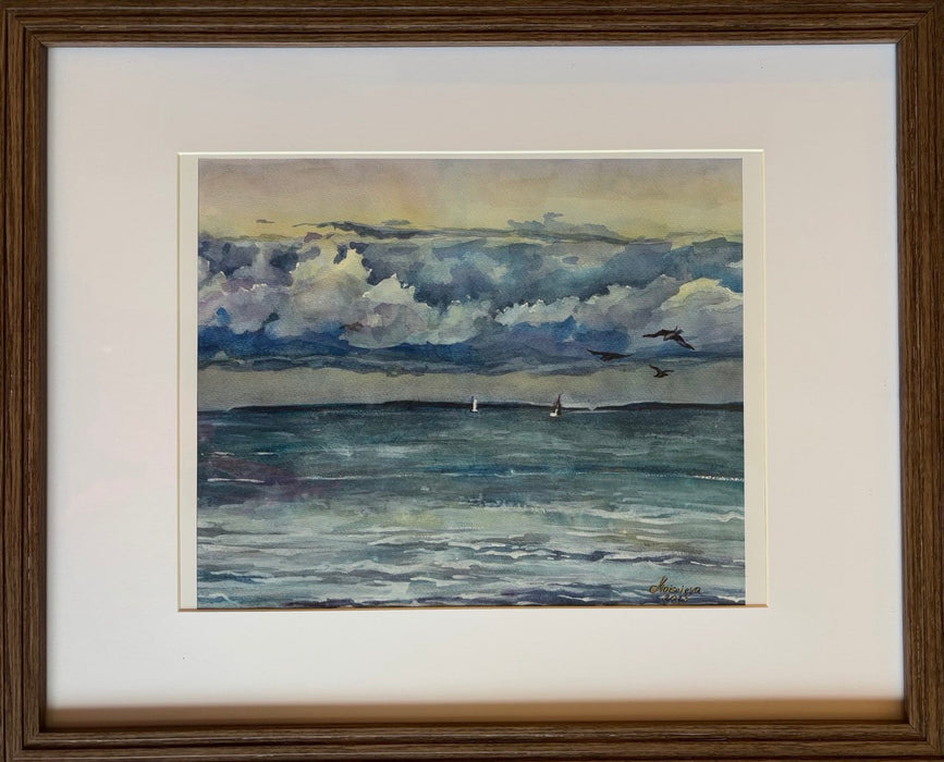 Framed Watercolor Ocean Sunset - Serene Seascape with Dramatic Clouds (20x16)