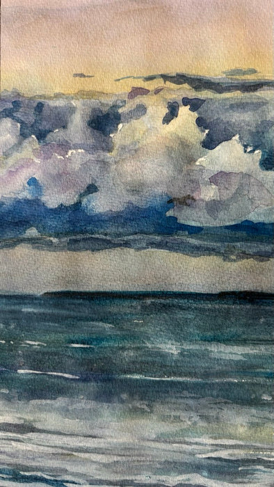 Framed Watercolor Ocean Sunset - Serene Seascape with Dramatic Clouds (20x16)