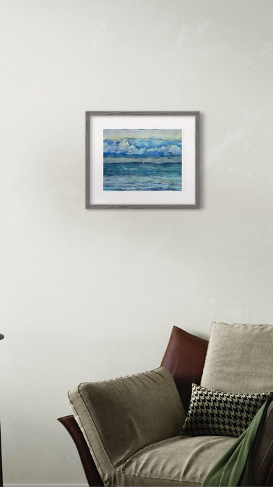 Framed Watercolor Ocean Sunset - Serene Seascape with Dramatic Clouds (20x16)