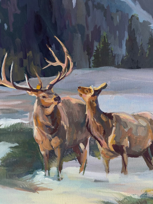 Echoes of Nature - Winter Landscape Oil Painting with Elk (30x24)