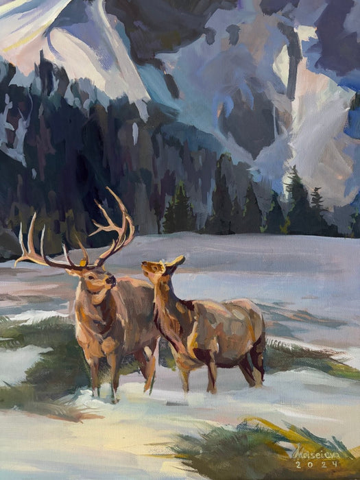 Echoes of Nature - Winter Landscape Oil Painting with Elk (30x24)