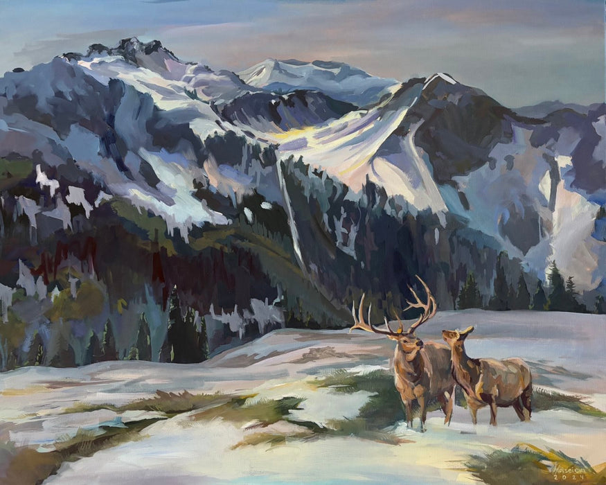 Echoes of Nature - Winter Landscape Oil Painting with Elk (30x24)