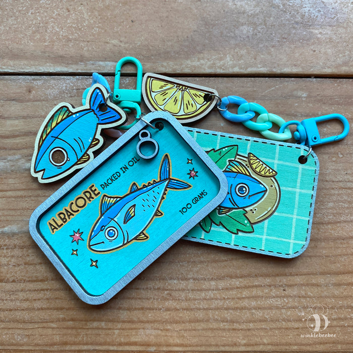 Tinned Fish Friendship Keychain Set - Laser Engraved Wood