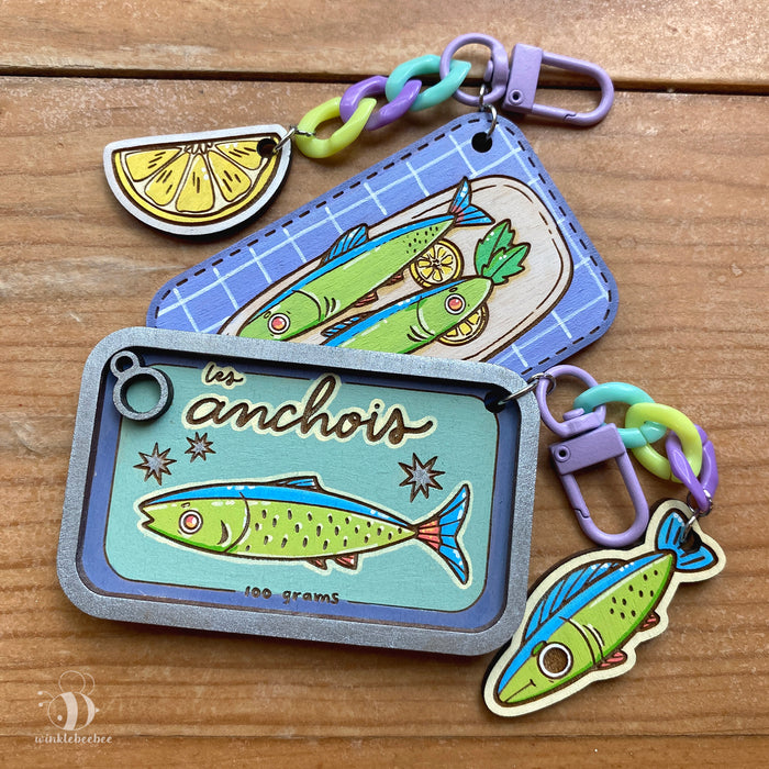 Tinned Fish Friendship Keychain Set - Laser Engraved Wood