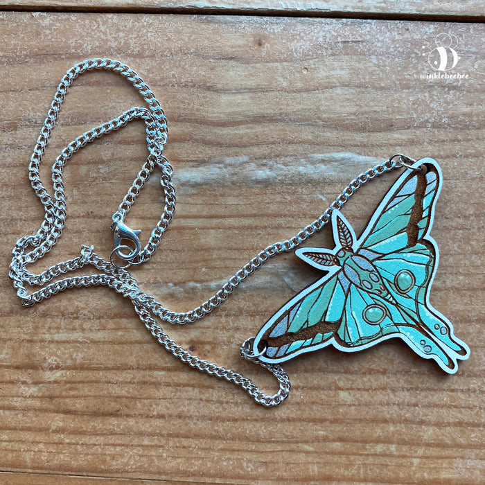 Luna Moth Necklace - Laser Engraved Wood