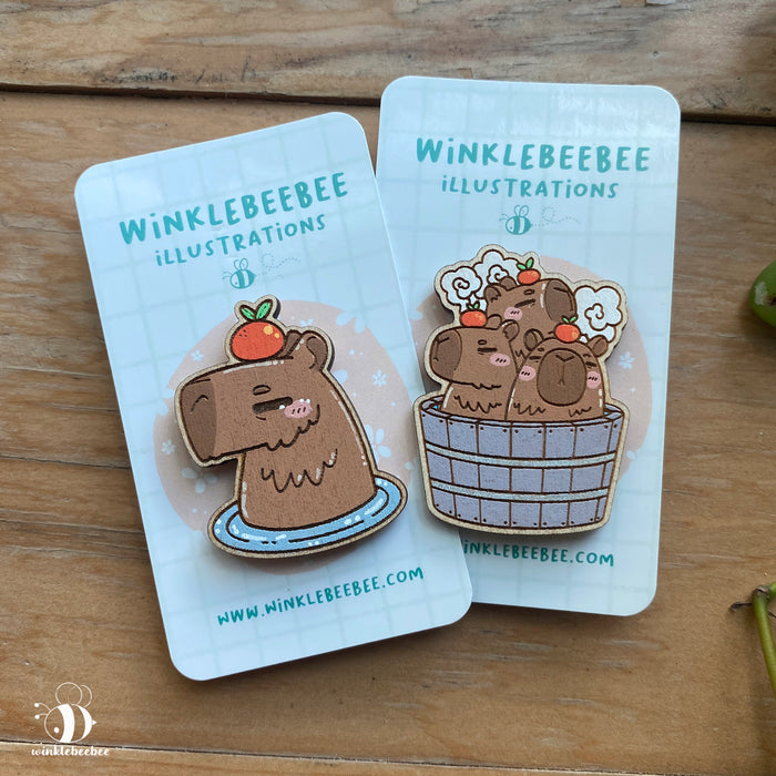 Capybara Spa Day - Laser Engraved Wood Pins