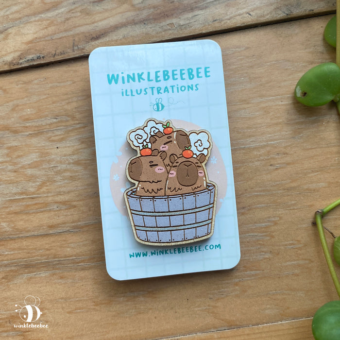 Capybara Spa Day - Laser Engraved Wood Pins