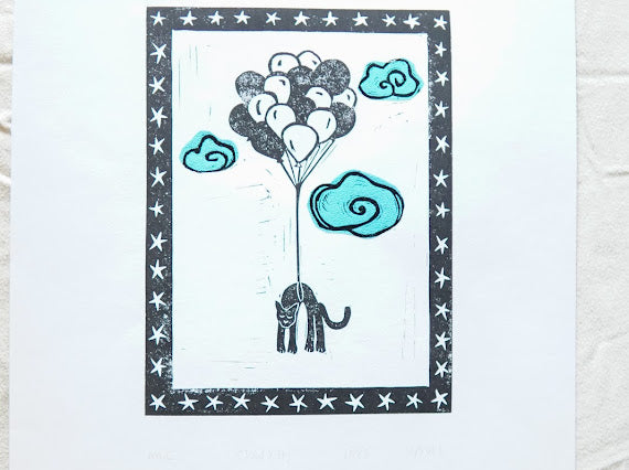 "Cloud Kitty" Linocut Print