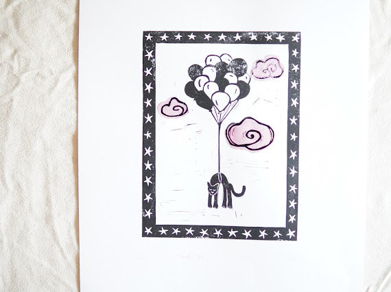 "Cloud Kitty" Linocut Print