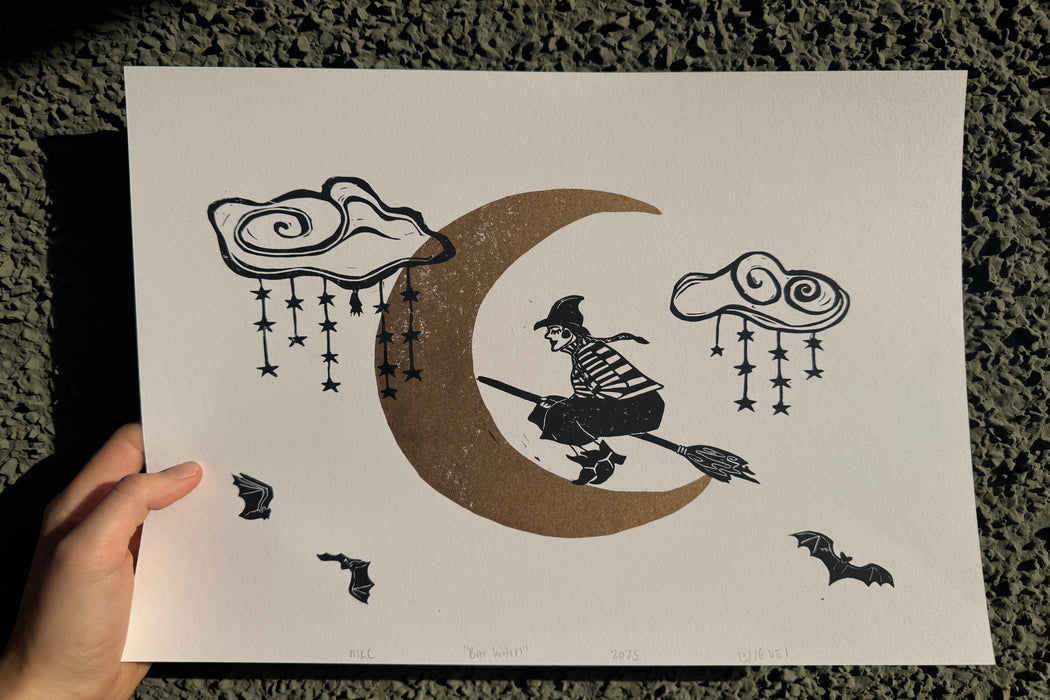 "Bat Witch Crazy" Linocut Print