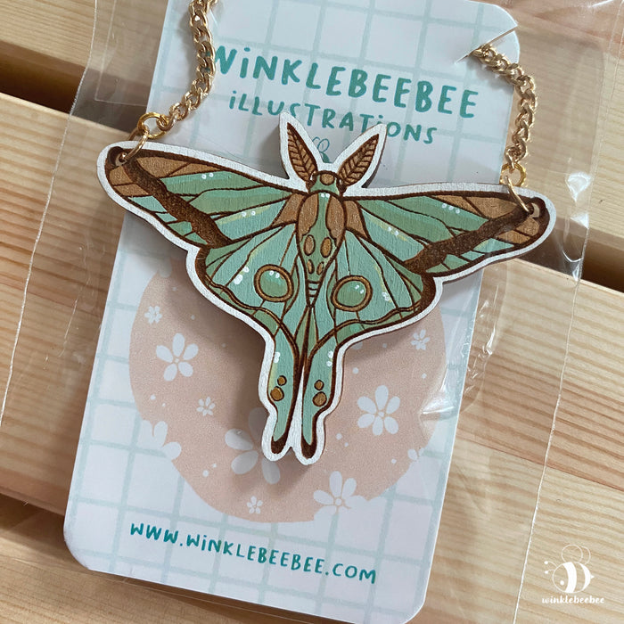 Luna Moth Necklace - Laser Engraved Wood