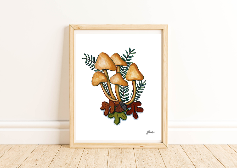 Oak and Mushroom Art Print Botanical Illustration 8x10
