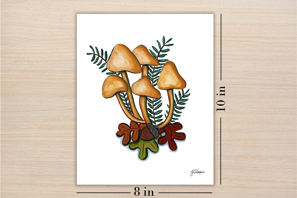 Oak and Mushroom Art Print Botanical Illustration 8x10