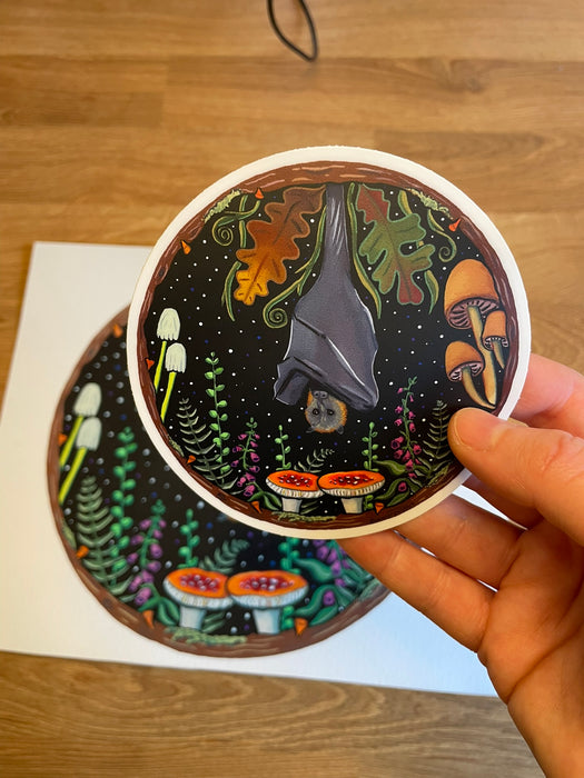 Spooky Botanical Mushroom Bat Waterproof Sticker, Woodland