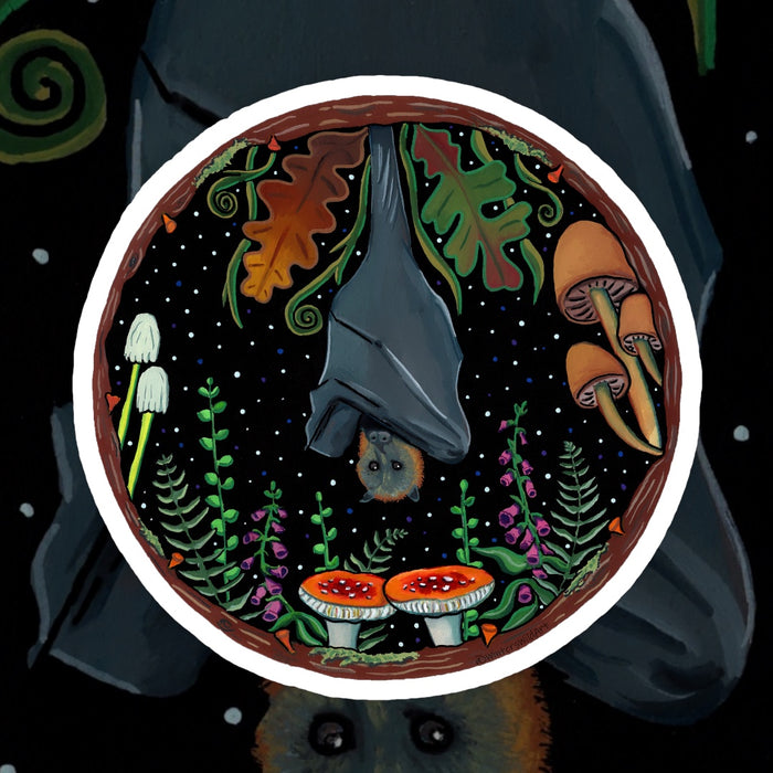 Spooky Botanical Mushroom Bat Waterproof Sticker, Woodland