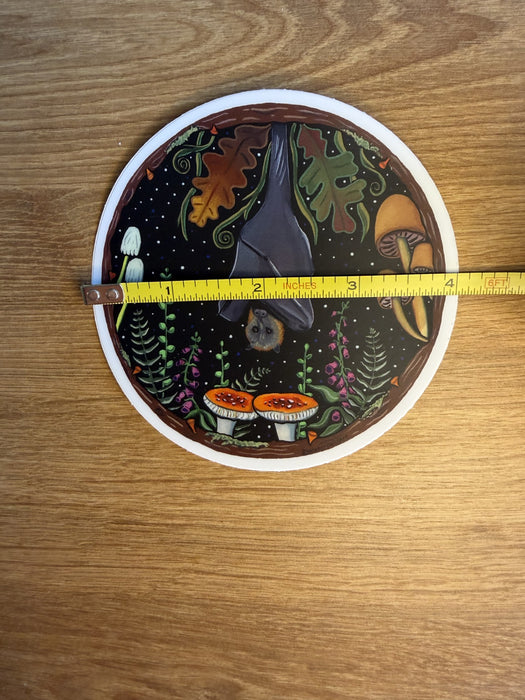 Spooky Botanical Mushroom Bat Waterproof Sticker, Woodland