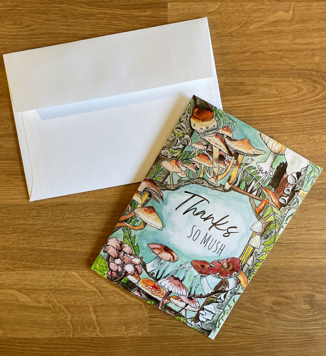 "Thanks So Mush" Watercolor Mushroom Punny Botanical Card