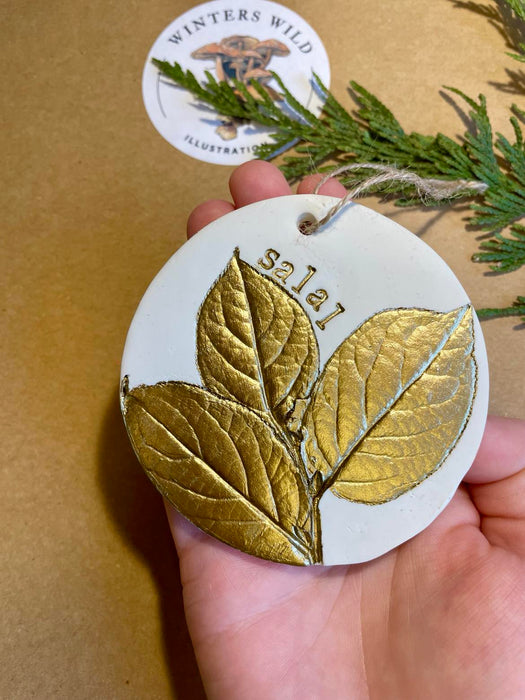 Handmade Clay Botanical Ornament Made with Real Pressed Plants, Salal