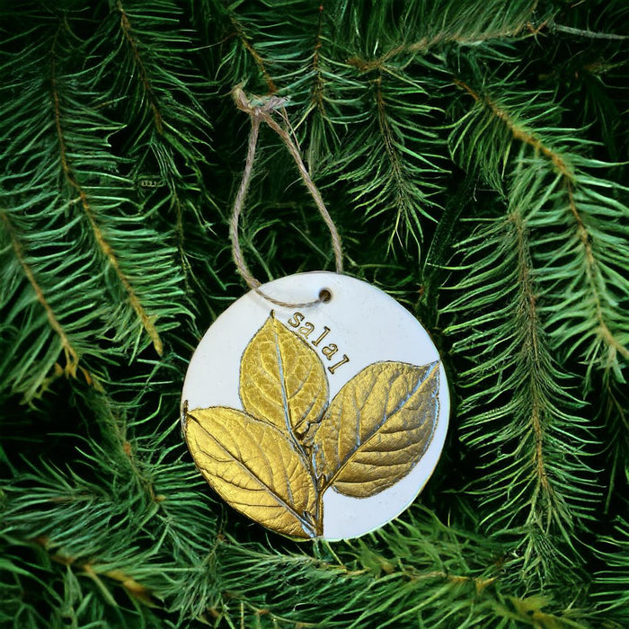 Handmade Clay Botanical Ornament Made with Real Pressed Plants, Salal