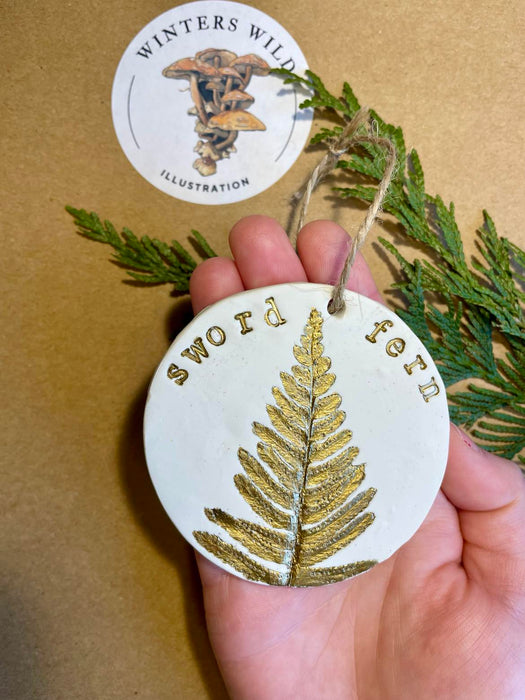 Handmade Clay Botanical Ornament Made with Real Pressed Plants, Sword Fern