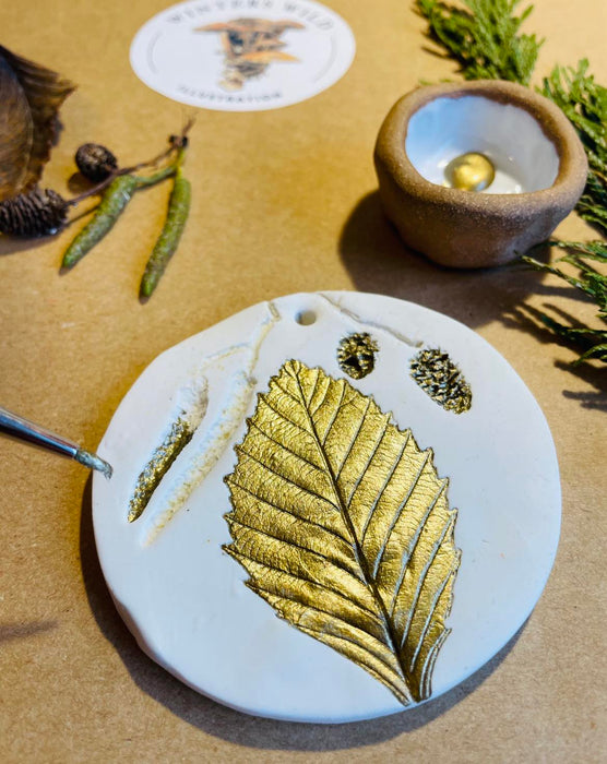 Handmade Clay Botanical Ornament Made with Real Pressed Plants, Red Alder