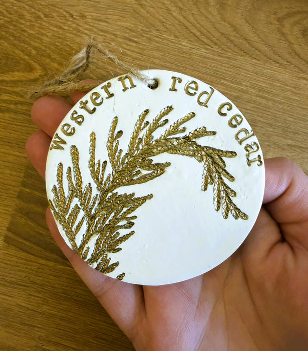 Handmade Clay Botanical Ornament Made with Real Pressed Plants, Cedar