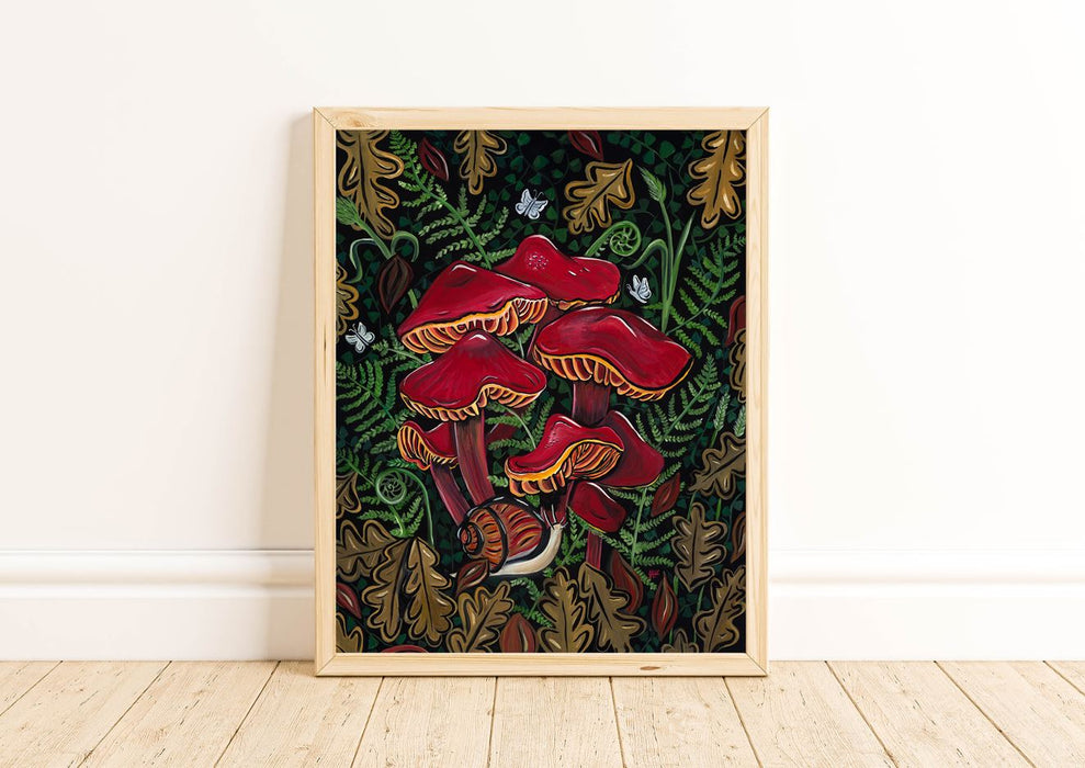 Scarlet Red Mushrooms Botanical Illustration Art Print 11x14