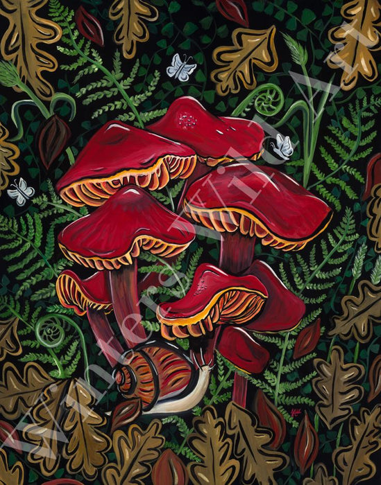 Scarlet Red Mushrooms Botanical Illustration Art Print 11x14