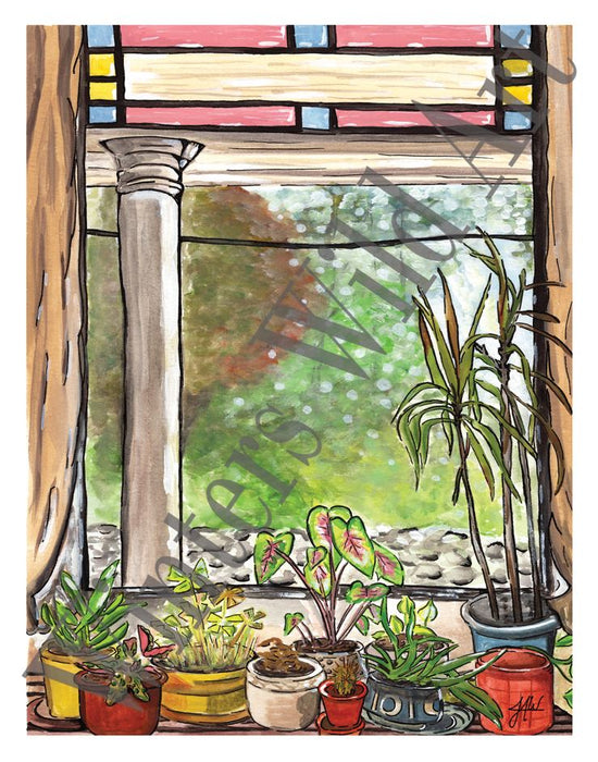 Plants in Window Botanical Gouache Illustration Art Print 11x14
