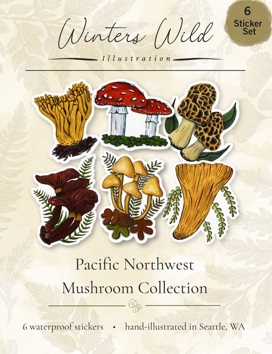 Mushroom Sticker Pack: Six Hand-Painted Die Cut Fungi Illustrations