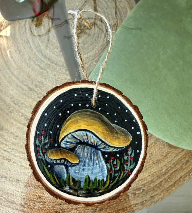 Whimsical Hand-Painted Mushroom Wood Slice Ornament