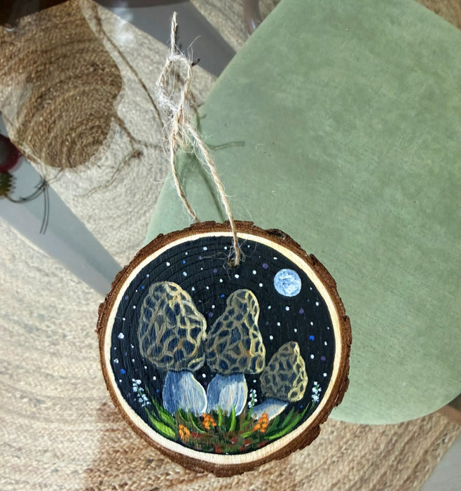 Magical Morel Mushroom Hand-Painted Wood Slice Ornament