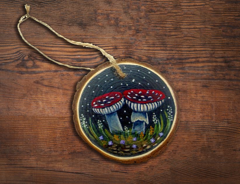 Fly Agaric Mushroom Hand-Painted Wood Slice Ornament