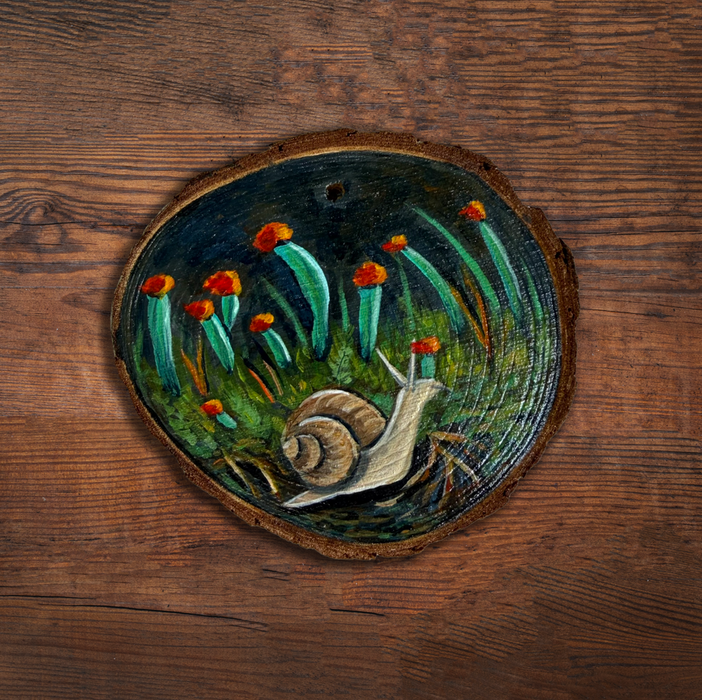 Hand-Painted Snail Wood Slice Ornament