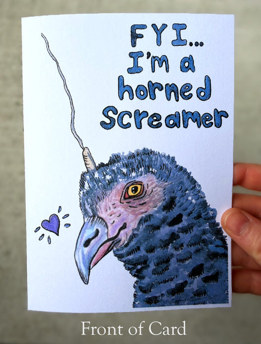 Horned Screamer Funny Bird Card – Quirky Animal Greeting Card, Bird Lover Gift, 5x7 Blank Inside