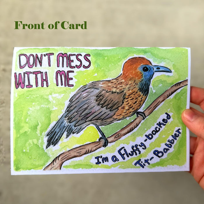 Funny Fluffy-Backed Babbler Greeting Card – Bird Lover Card, Quirky Nature Humor, 5x7, Blank Inside