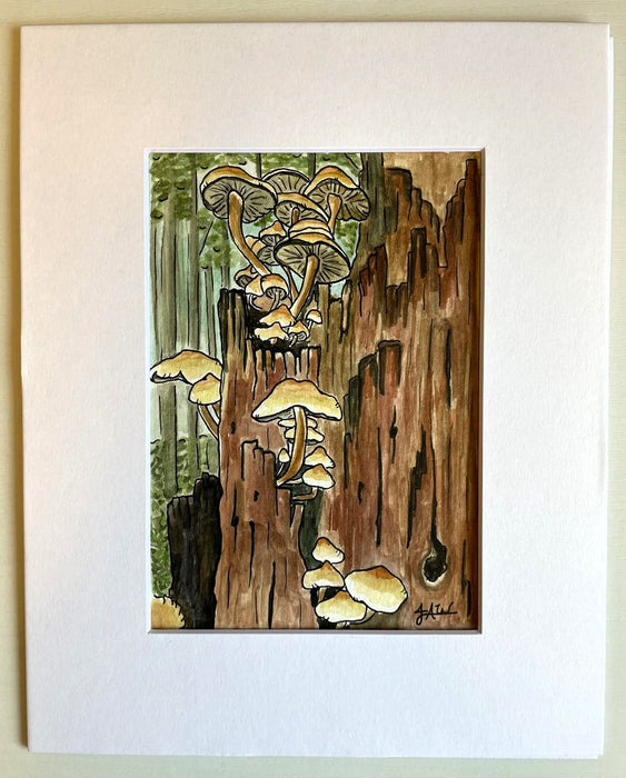 Original Watercolor Mushroom Log Illustration, 8x10 Matted Painting, Botanical Watercolor