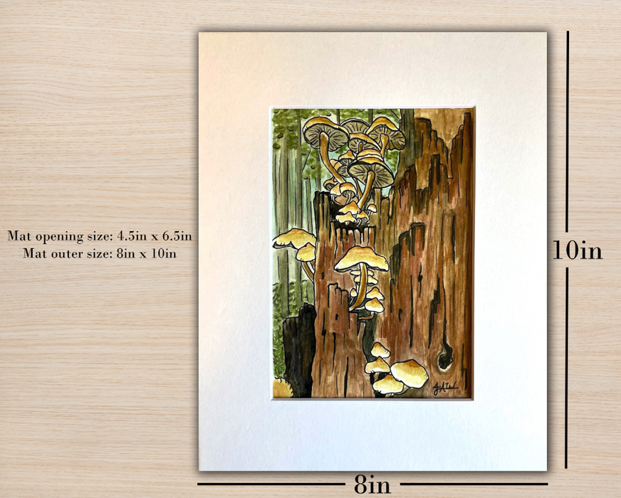 Original Watercolor Mushroom Log Illustration, 8x10 Matted Painting, Botanical Watercolor
