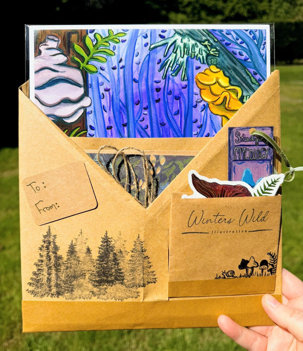 Mushroom Art Gift Bundle – Forest Print, Sticker, Bookmark & Greeting Card Set – Nature Lover Gift, Botanical Art