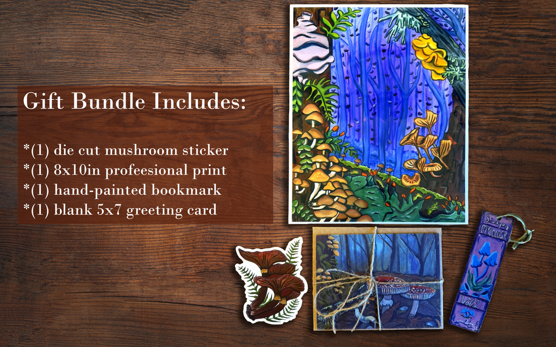 Mushroom Art Gift Bundle – Forest Print, Sticker, Bookmark & Greeting Card Set – Nature Lover Gift, Botanical Art