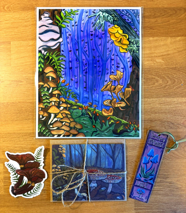 Mushroom Art Gift Bundle – Forest Print, Sticker, Bookmark & Greeting Card Set – Nature Lover Gift, Botanical Art