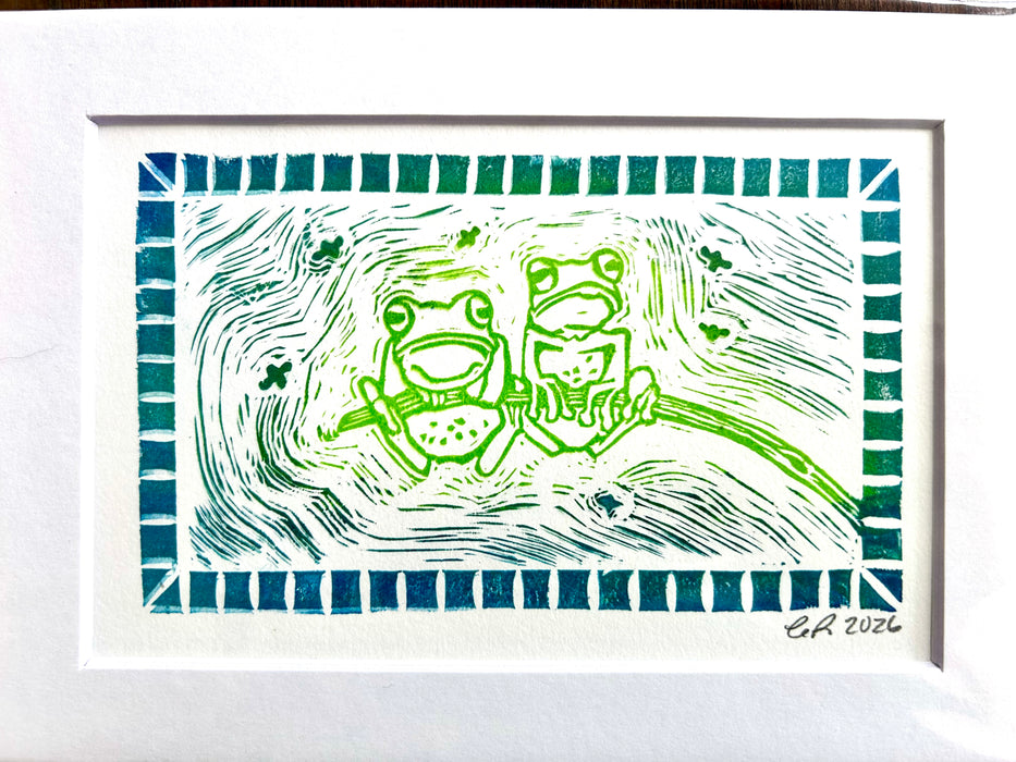 Frog Friends Linocut Print (Matted)