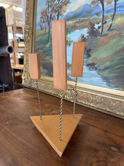 Mid-Century Modern Possibly Teak and Twisted Metal Triple Candle Holder with Geometric Base