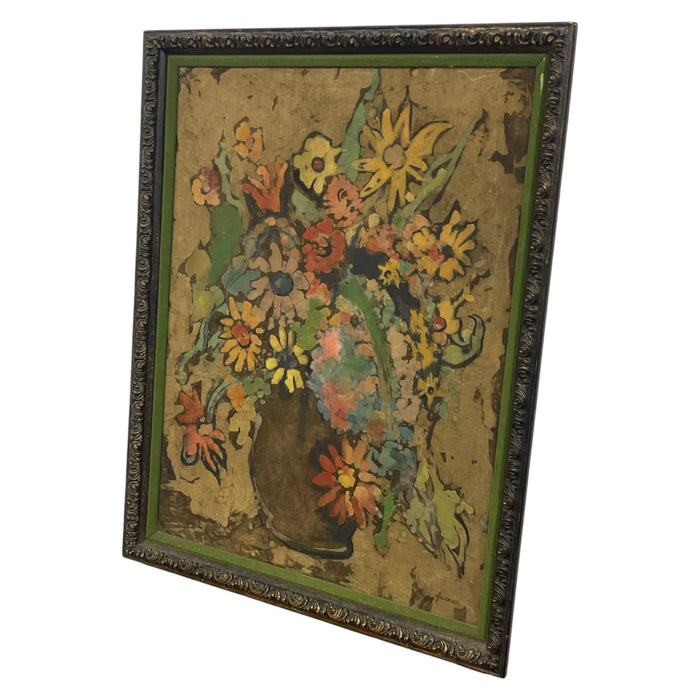 Vintage Signed Floral Still Life Mixed Media Painting on Textured Board in Ornate Frame Possible Batik Print.