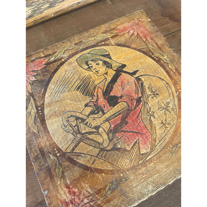 Vintage Pyrography Box Featuring Motif of Woman Driving a Car