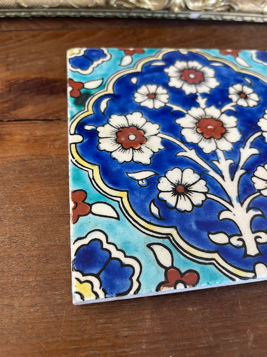 Hand-Painted Glazed Ceramic Tile with Ottoman Floral Motif in Cobalt and Turquoise